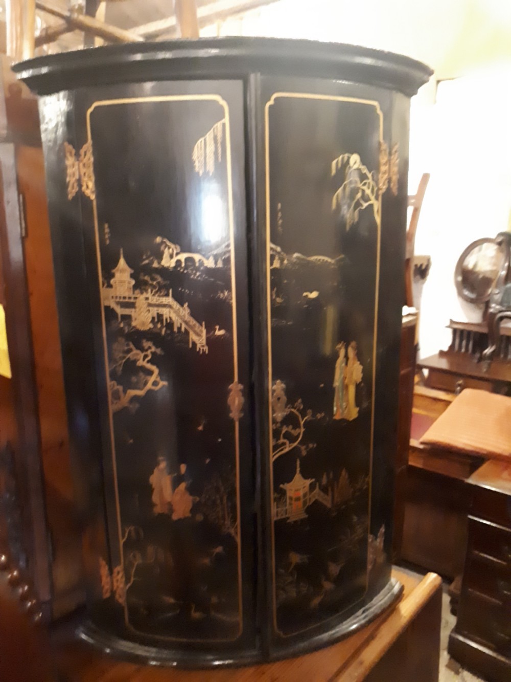 Antique lacquered 2 door bow front corner cupboard  View II