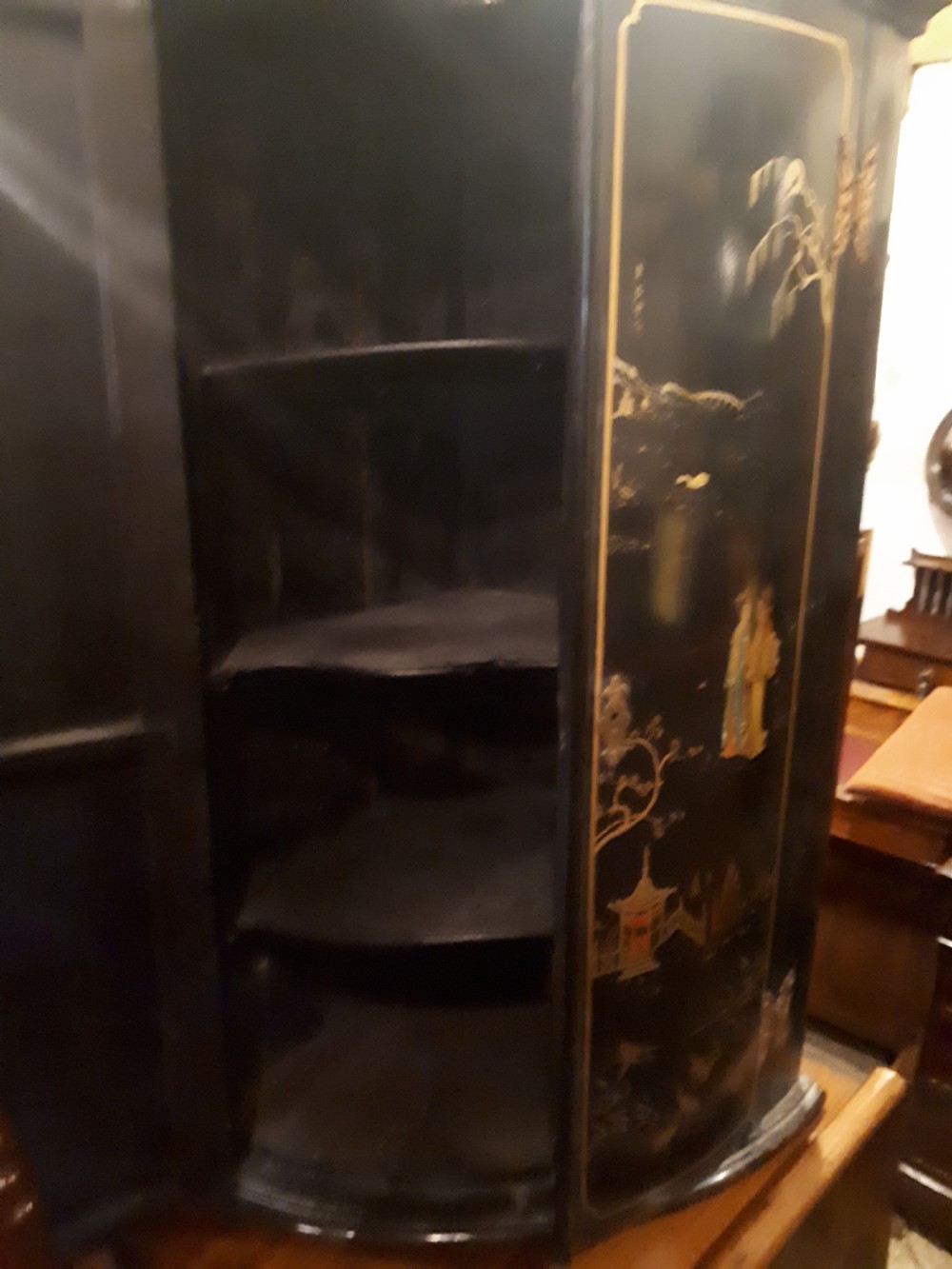 Antique lacquered 2 door bow front corner cupboard  View III
