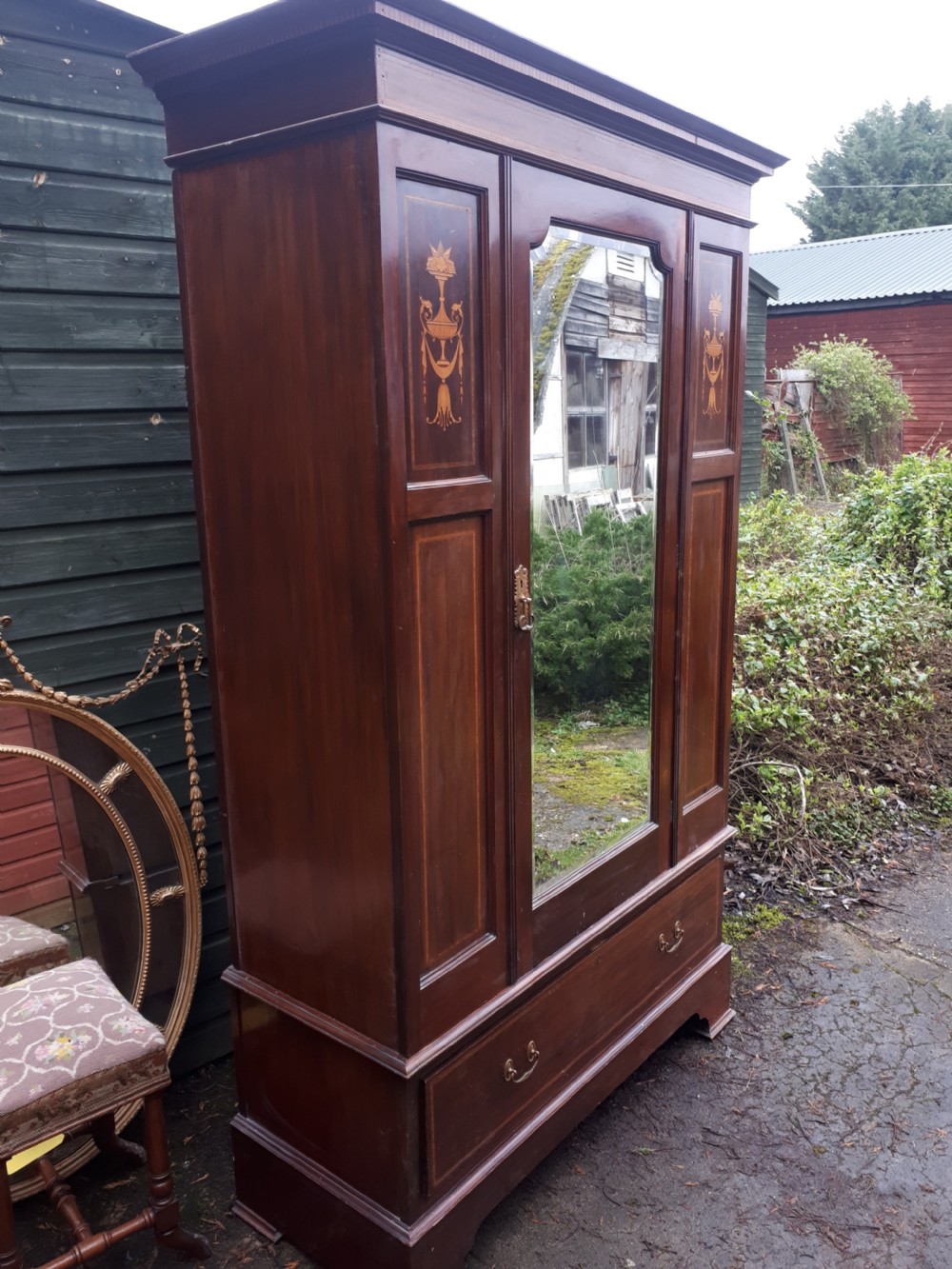 Edwardian inlaid mahogany hall wardrobe  View II