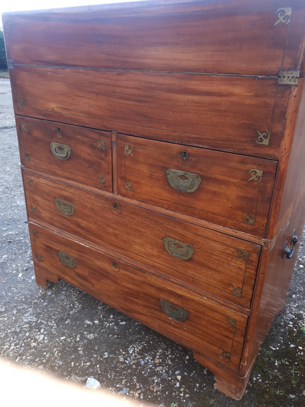 Brass inlaid Camphorwood 2 part campaign military writing chest View II