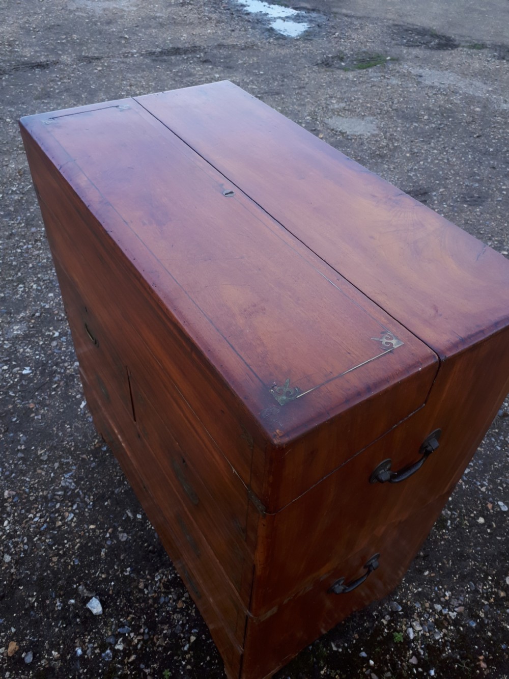 Brass inlaid Camphorwood 2 part campaign military writing chest View IV