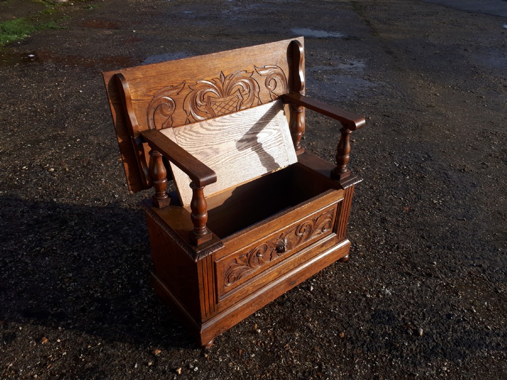 Early 20th century carved oak monks bench View II
