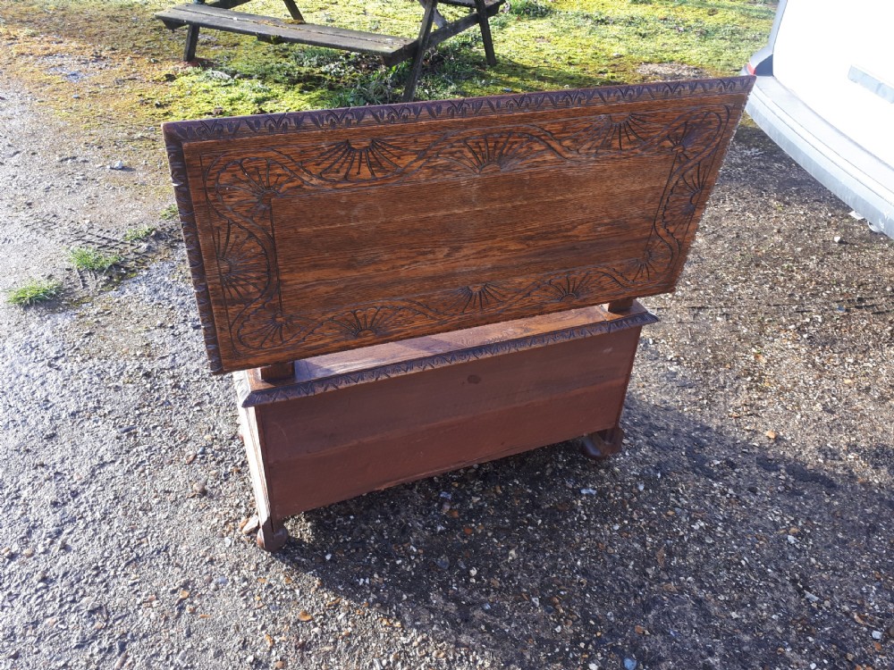 Early 20th century carved oak monks bench View III