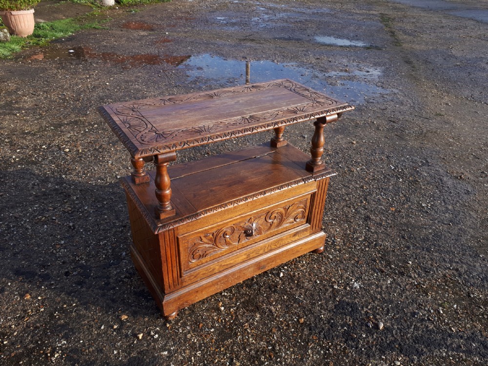 Early 20th century carved oak monks bench View IV