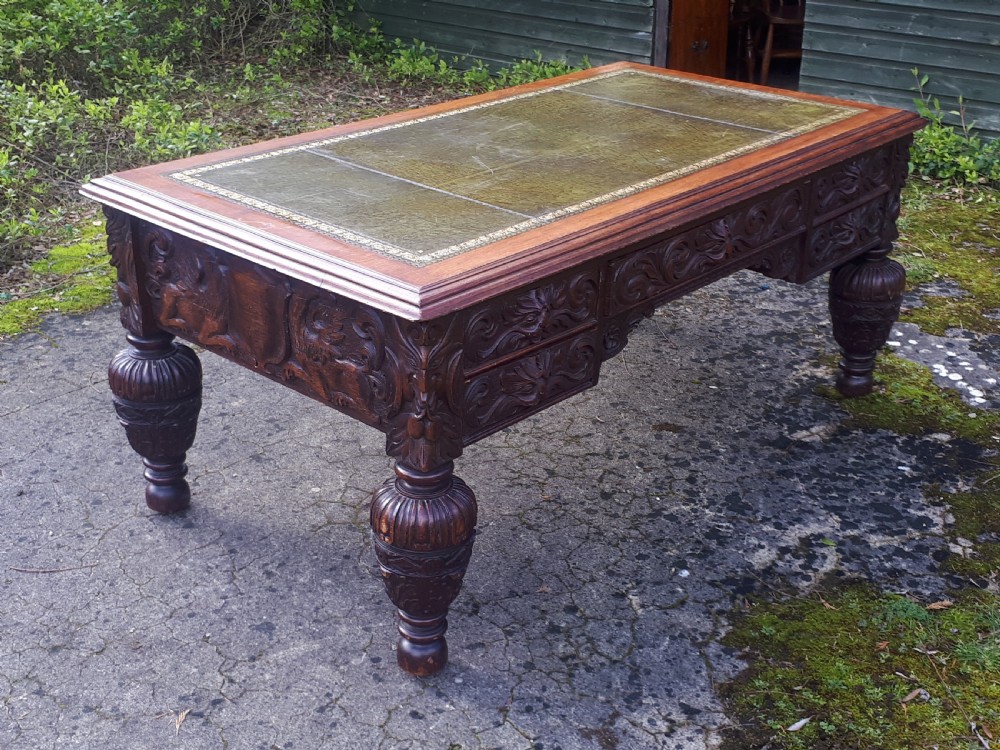Large Victorian carved oak partners writing desk  View III