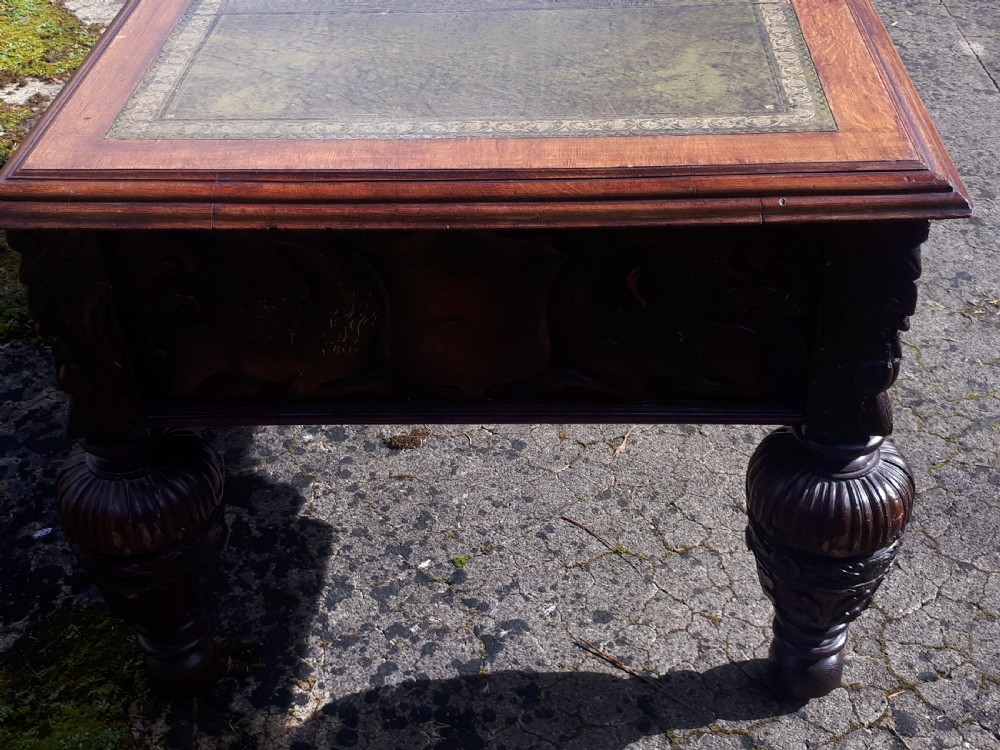 Large Victorian carved oak partners writing desk  View V