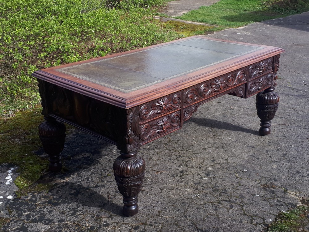 Large Victorian carved oak partners writing desk  View VI