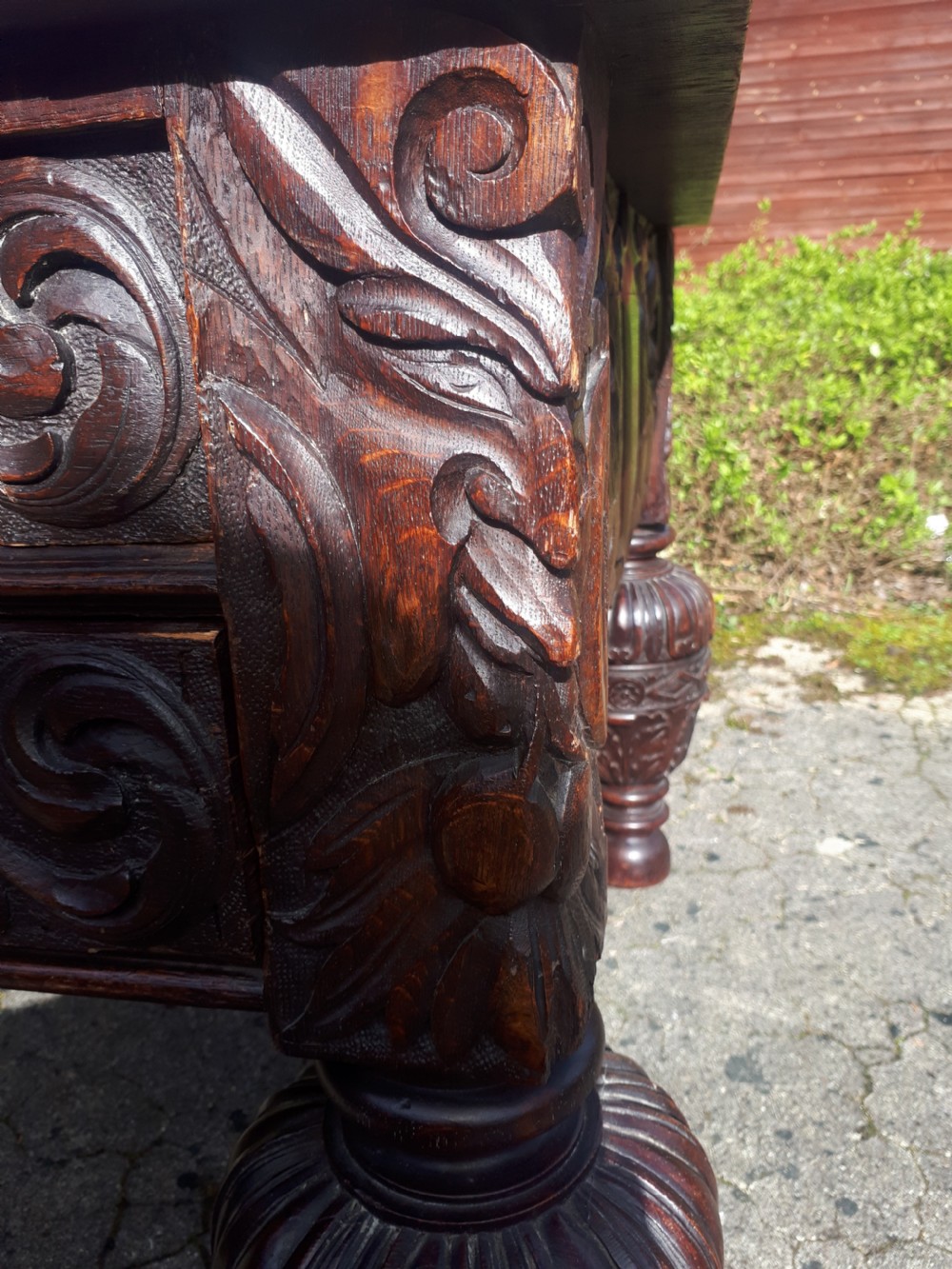 Large Victorian carved oak partners writing desk  View IX