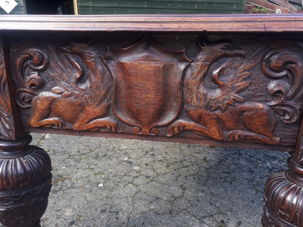 Large Victorian carved oak partners writing desk  View X