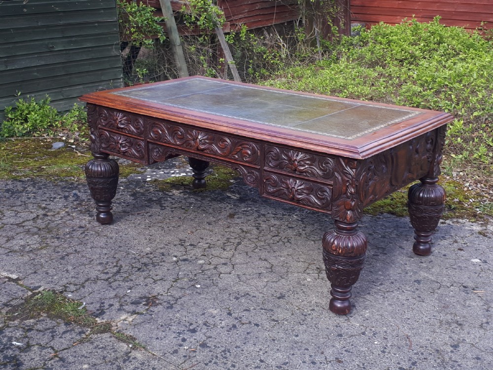 Large Victorian carved oak partners writing desk  View XI