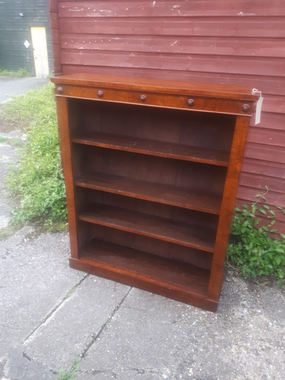 Late Victorian walnut open front bookcase  View II