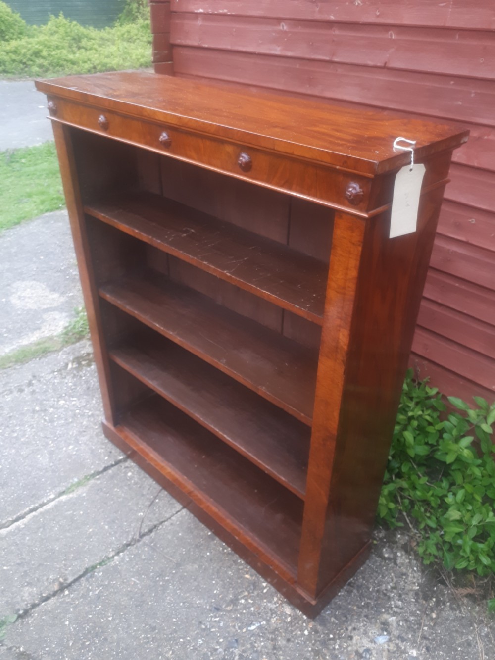 Late Victorian walnut open front bookcase  View III