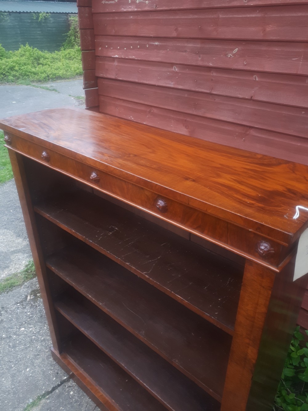 Late Victorian walnut open front bookcase  View IV
