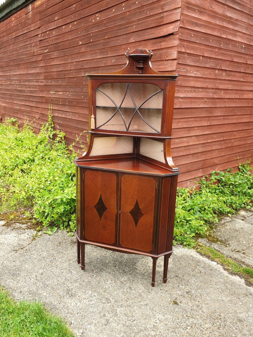 Unusual and good Edwardian inlaid mahogany corner display cabinet