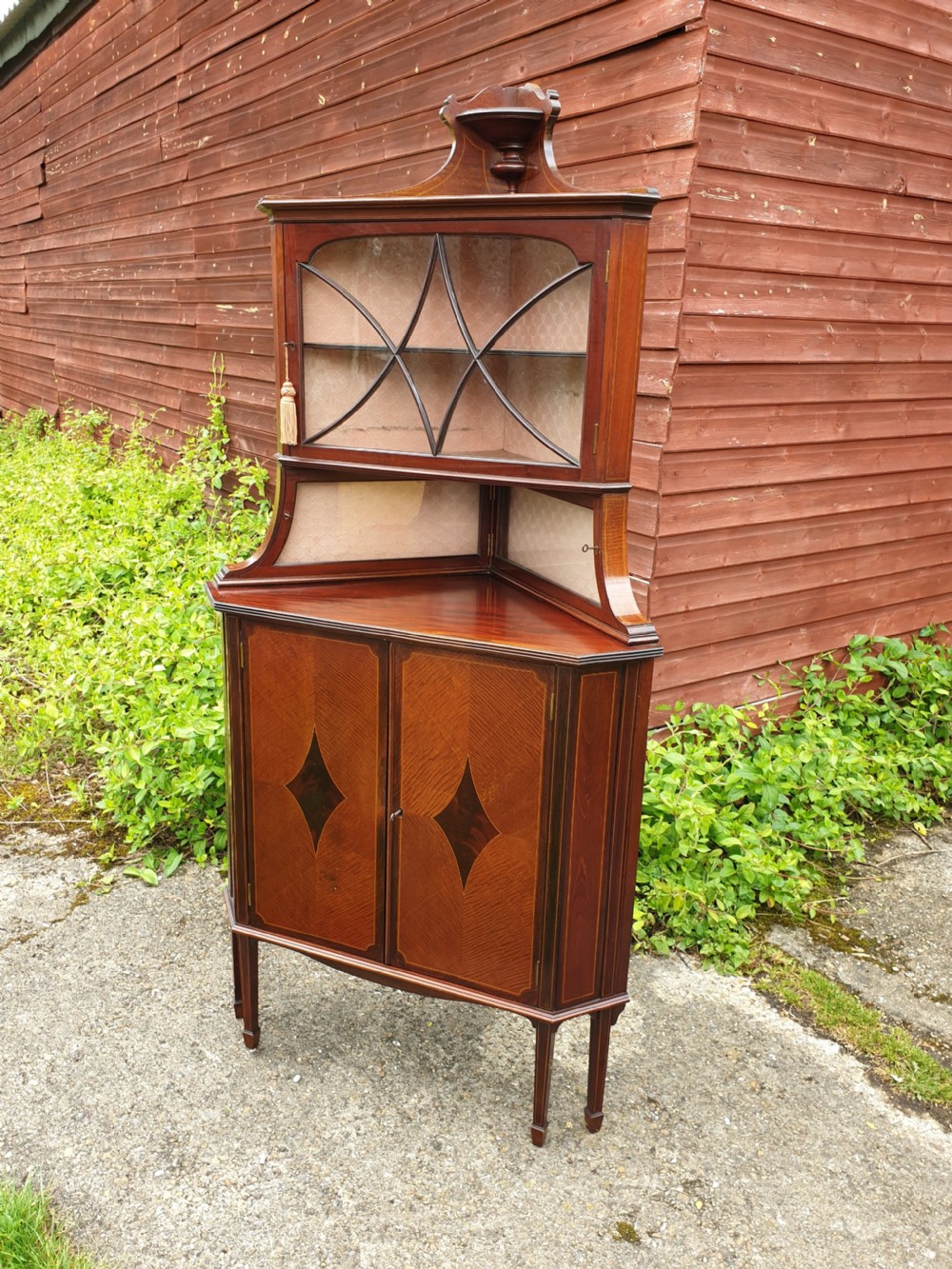 Unusual and good Edwardian inlaid mahogany corner display cabinet View II