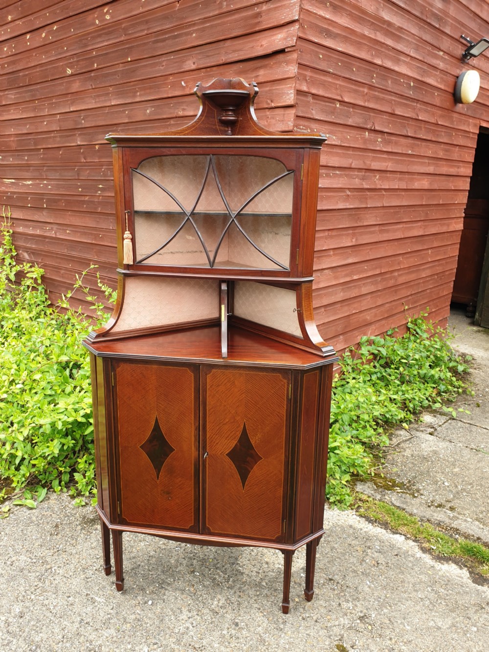 Unusual and good Edwardian inlaid mahogany corner display cabinet View III
