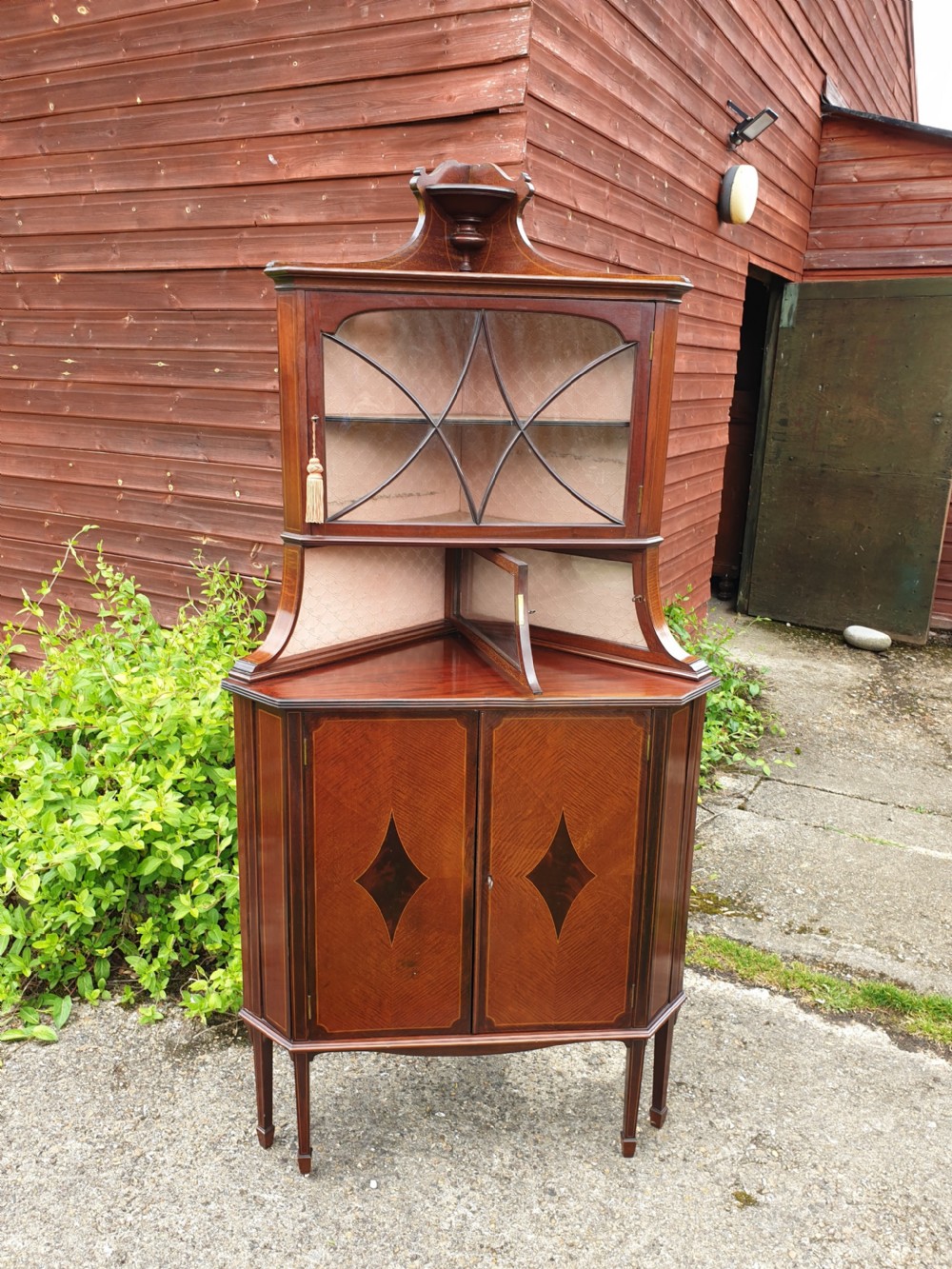 Unusual and good Edwardian inlaid mahogany corner display cabinet View IV