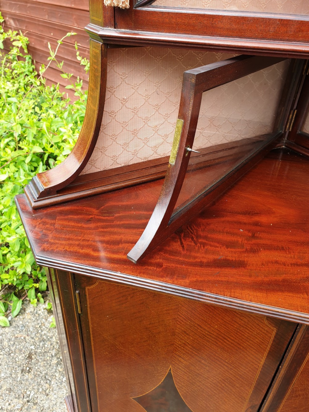 Unusual and good Edwardian inlaid mahogany corner display cabinet View V