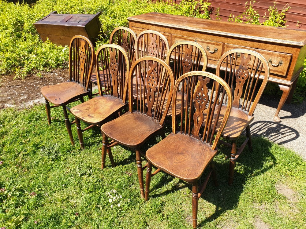 8 early 20th century Windsor wheel back kitchen chairs View II