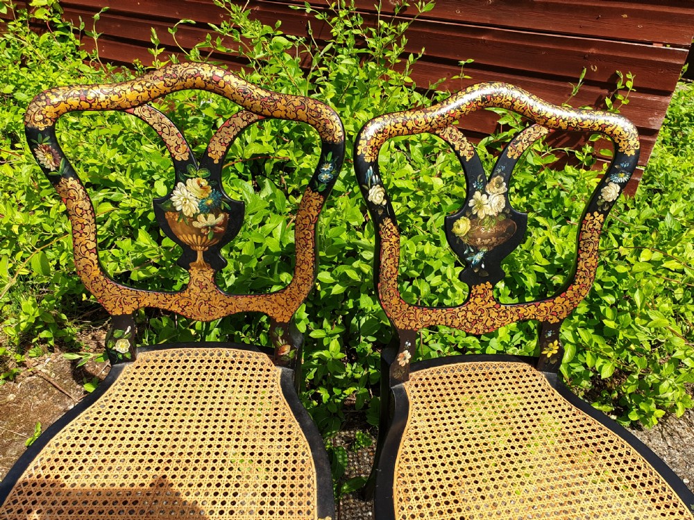 Lovely pair of lacquered and painted cane seat chairs. View II