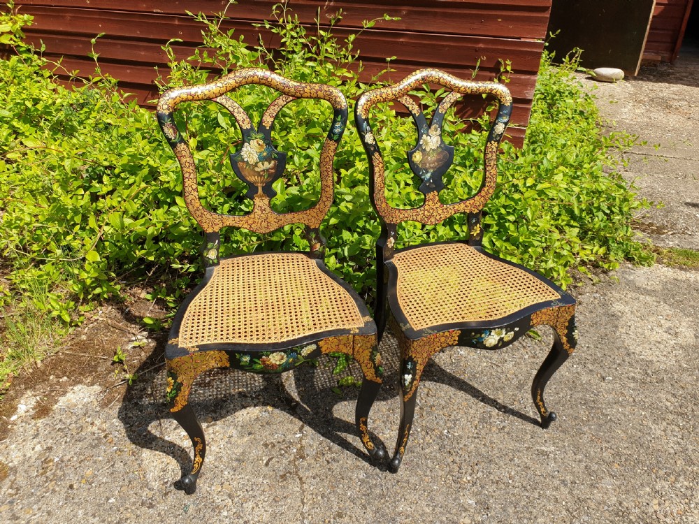 Lovely pair of lacquered and painted cane seat chairs. View III