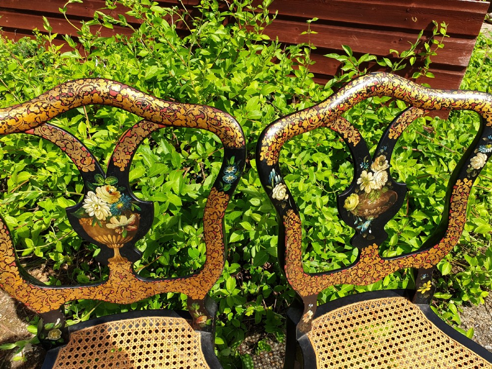 Lovely pair of lacquered and painted cane seat chairs. View V