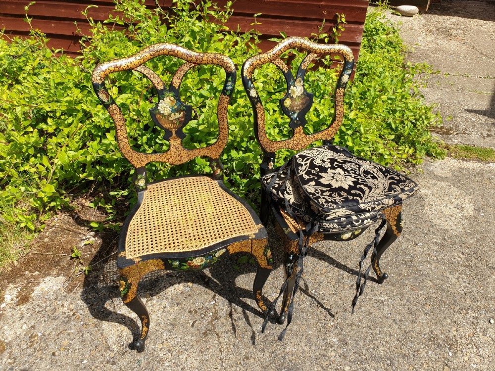 Lovely pair of lacquered and painted cane seat chairs. View VI