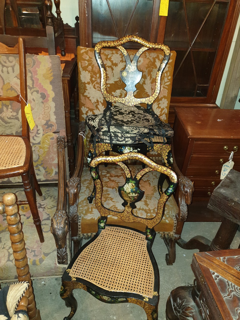 Lovely pair of lacquered and painted cane seat chairs. View VII