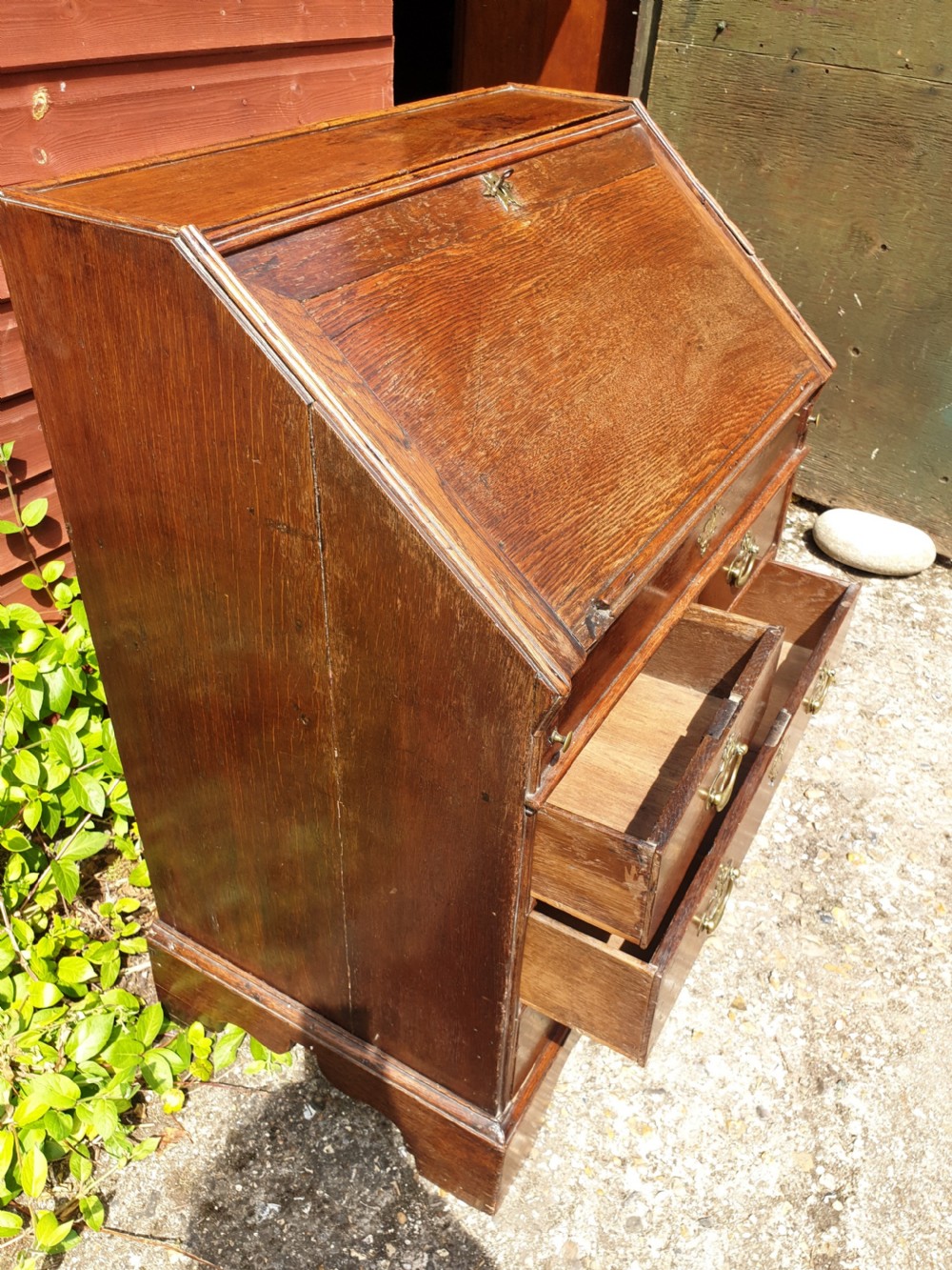 Small antique 30 inch oak writing bureau. View V