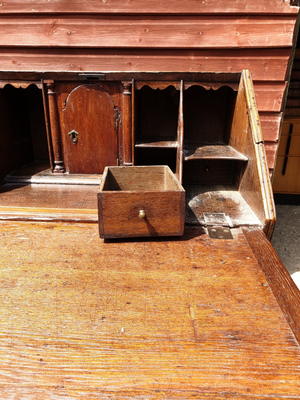 Small antique 30 inch oak writing bureau. View VIII