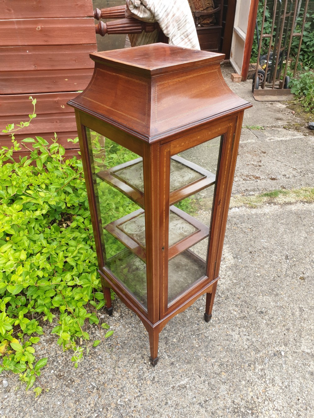 Edwardian inlaid mahogany pedestal display cabinet. View III
