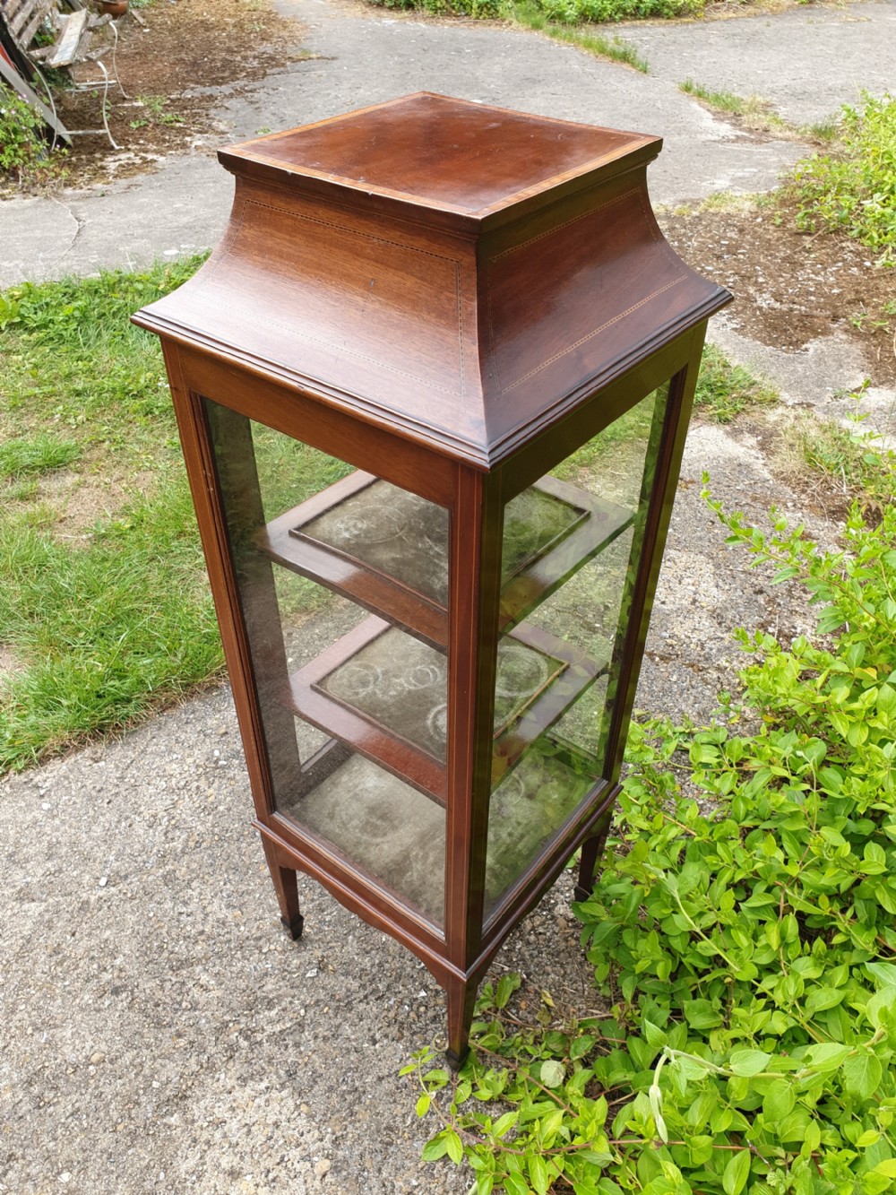 Edwardian inlaid mahogany pedestal display cabinet. View IV