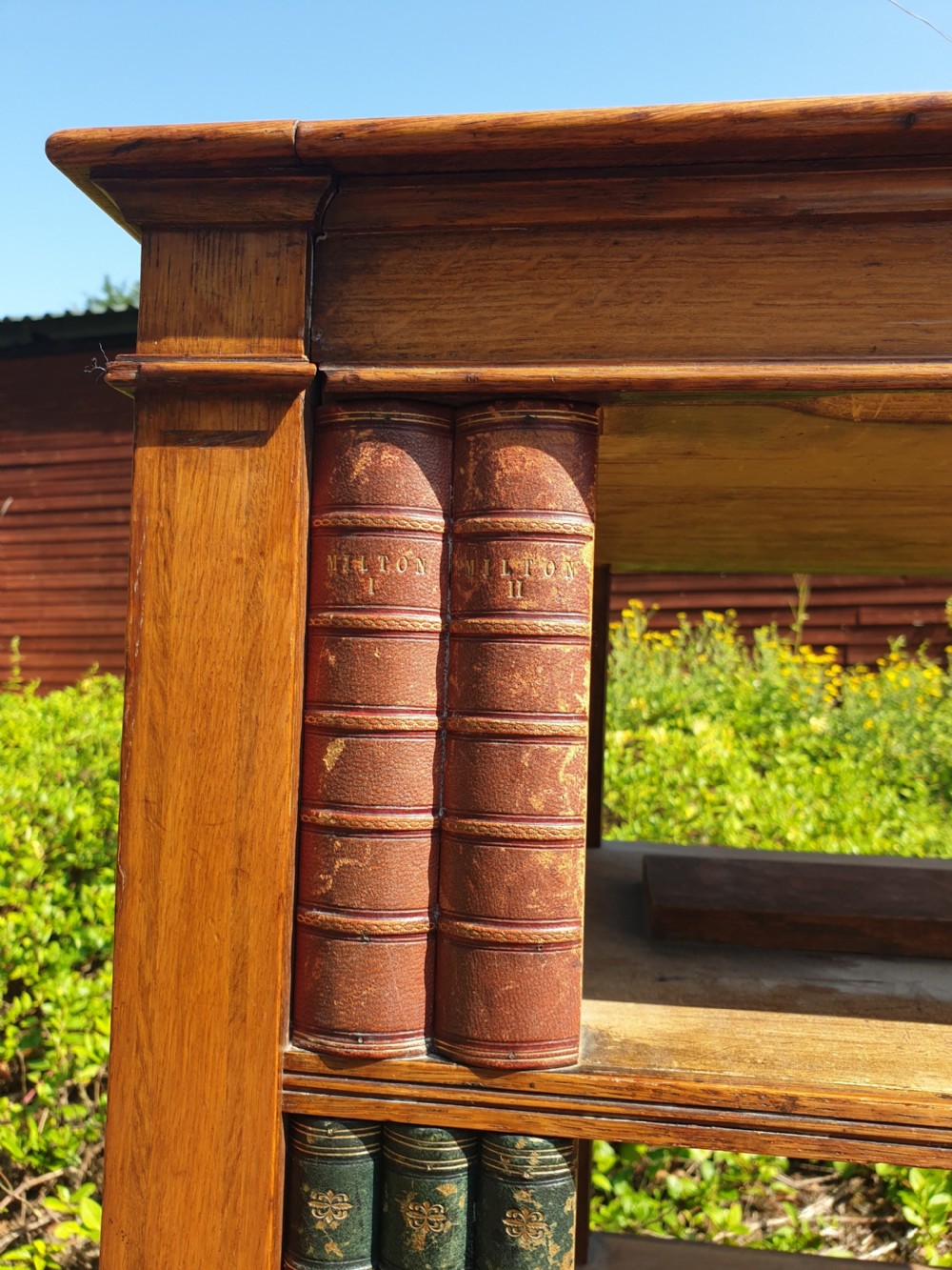 Unusual 19th century oak freestanding library bookcase on castors View V
