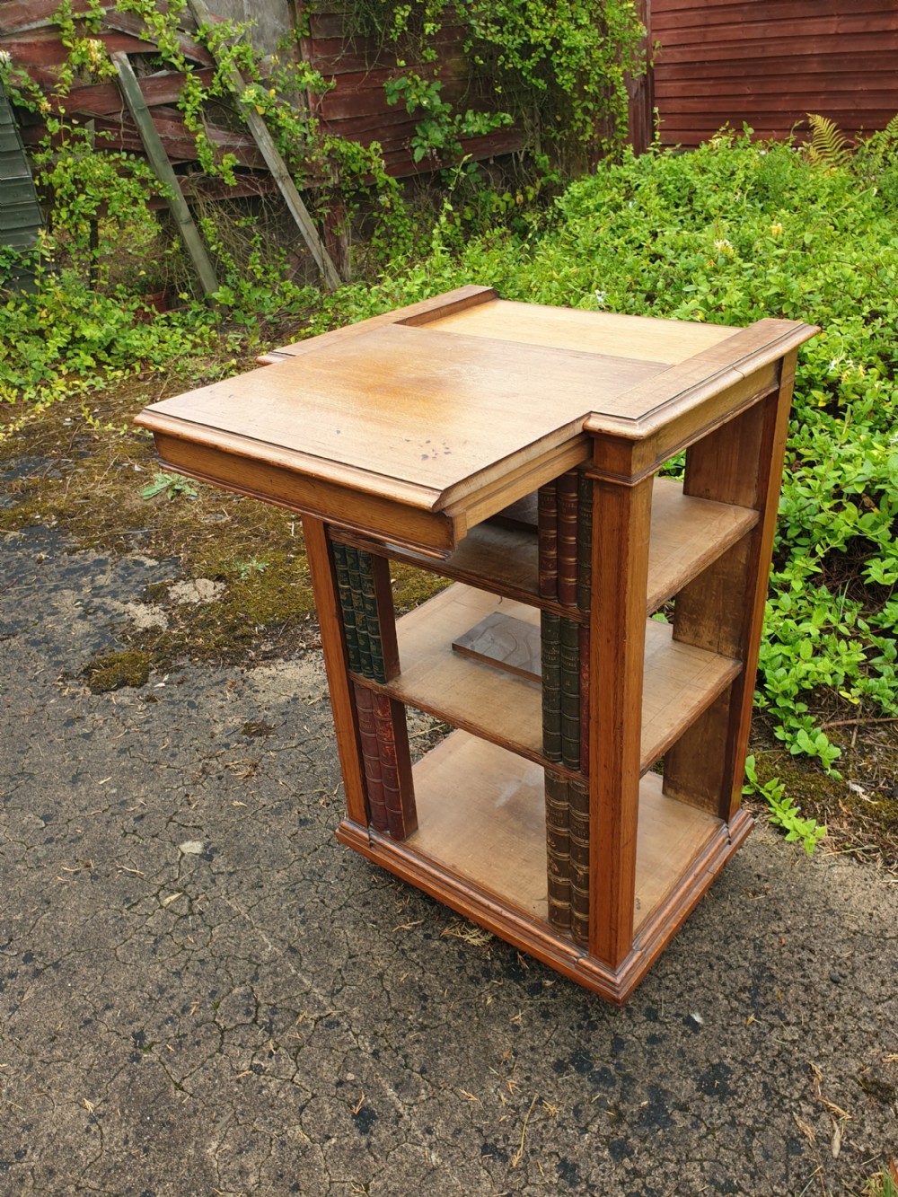 Unusual 19th century oak freestanding library bookcase on castors View X