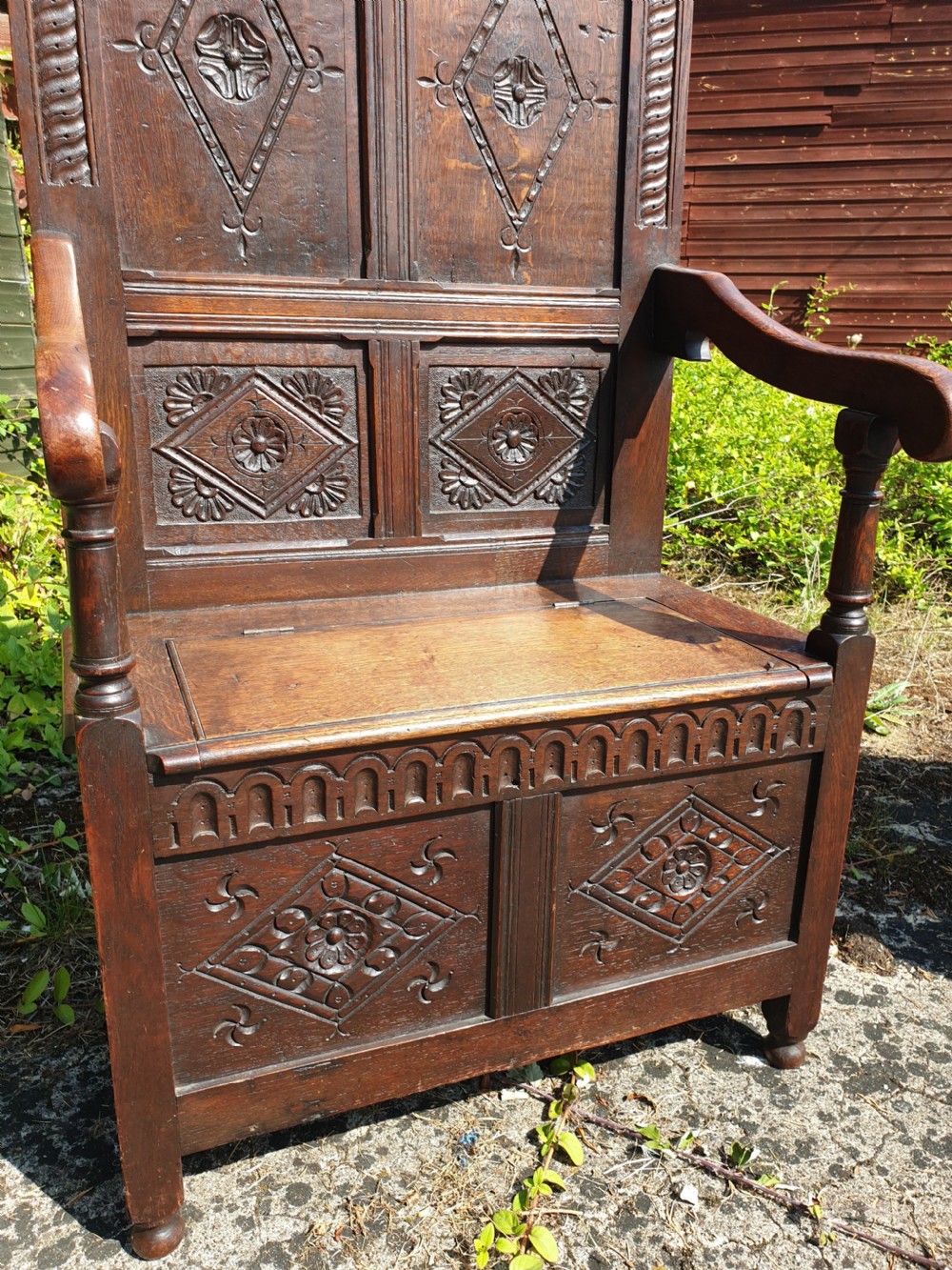 Good 19th century oak box seat hall seat View III
