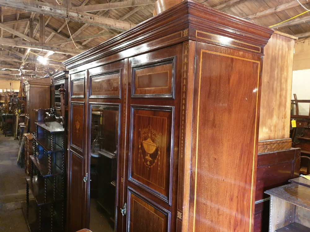 Edwardian inlaid mahogany 3 door wardrobe  View II
