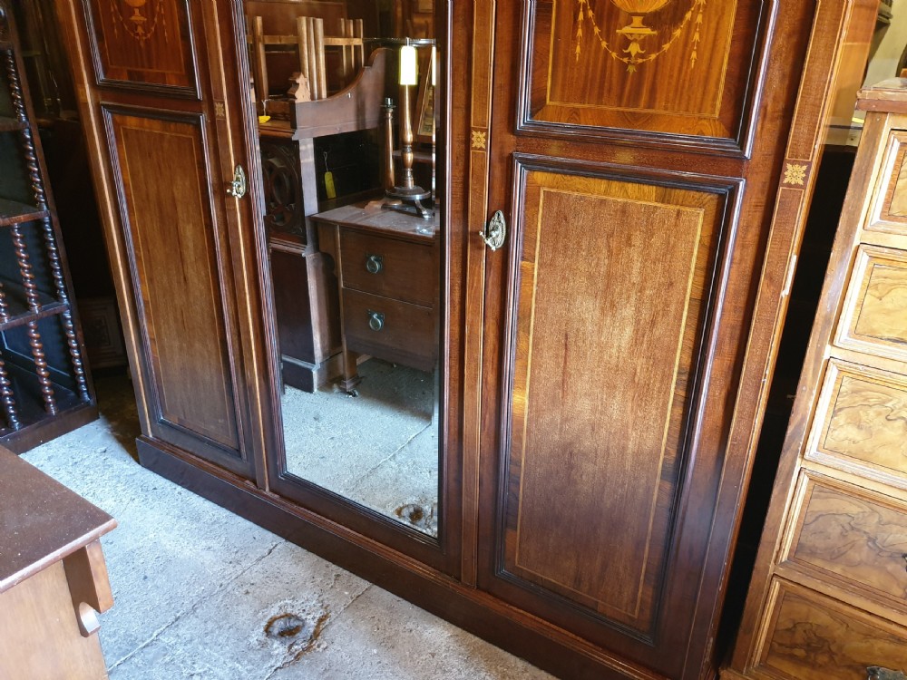 Edwardian inlaid mahogany 3 door wardrobe  View X