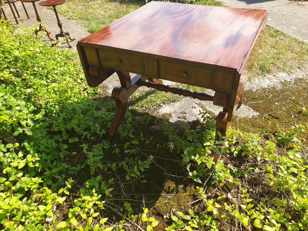 19th century inlaid mahogany 2 drawer sofa table. View V