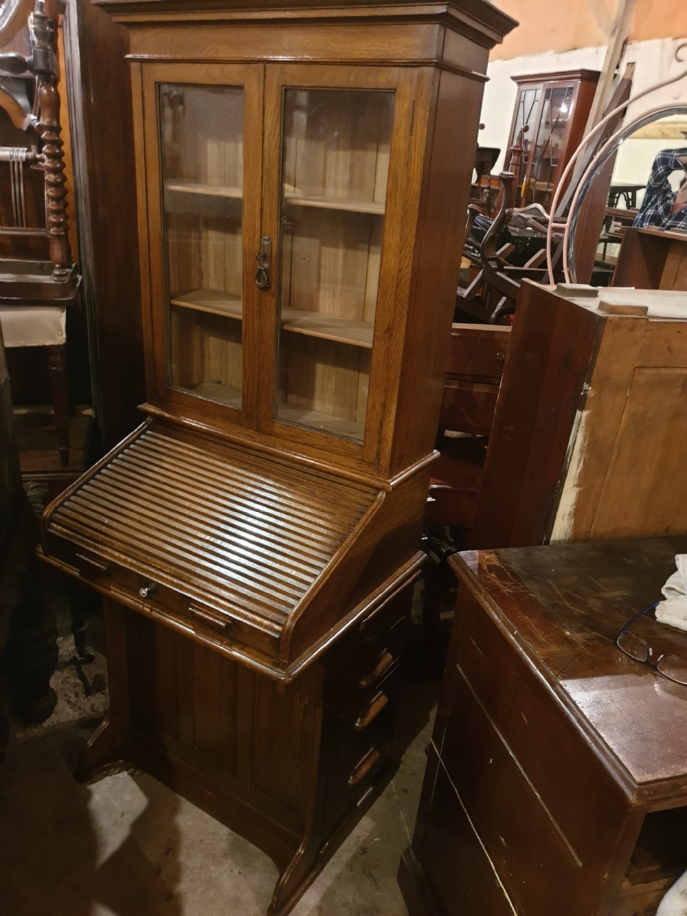 Neat Davenport tambour top bureau bookcase 