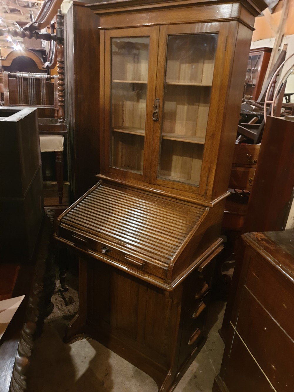 Neat Davenport tambour top bureau bookcase  View II