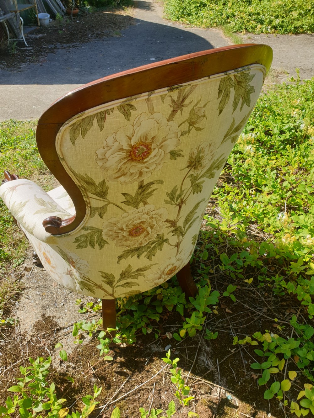 Victorian upholstered mahogany framed spoon back armchair  View II