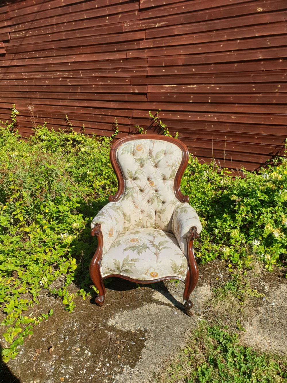 Victorian upholstered mahogany framed spoon back armchair  View III