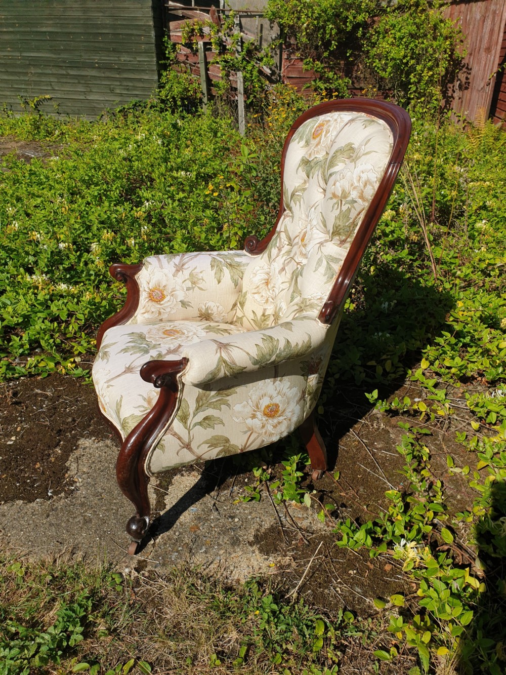 Victorian upholstered mahogany framed spoon back armchair  View IV