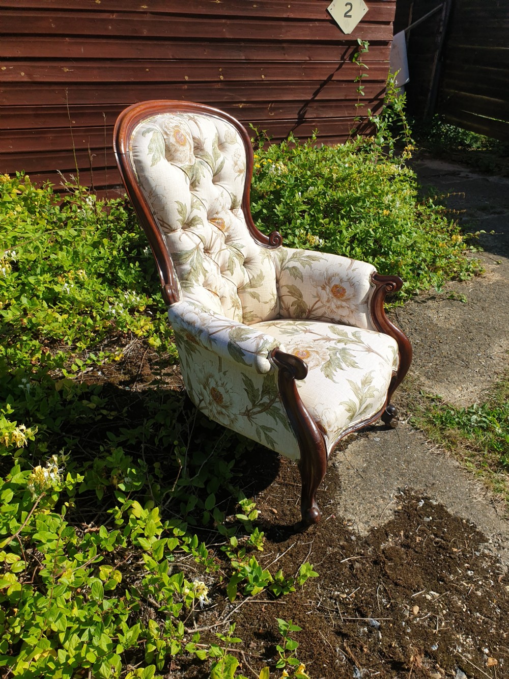 Victorian upholstered mahogany framed spoon back armchair  View VI