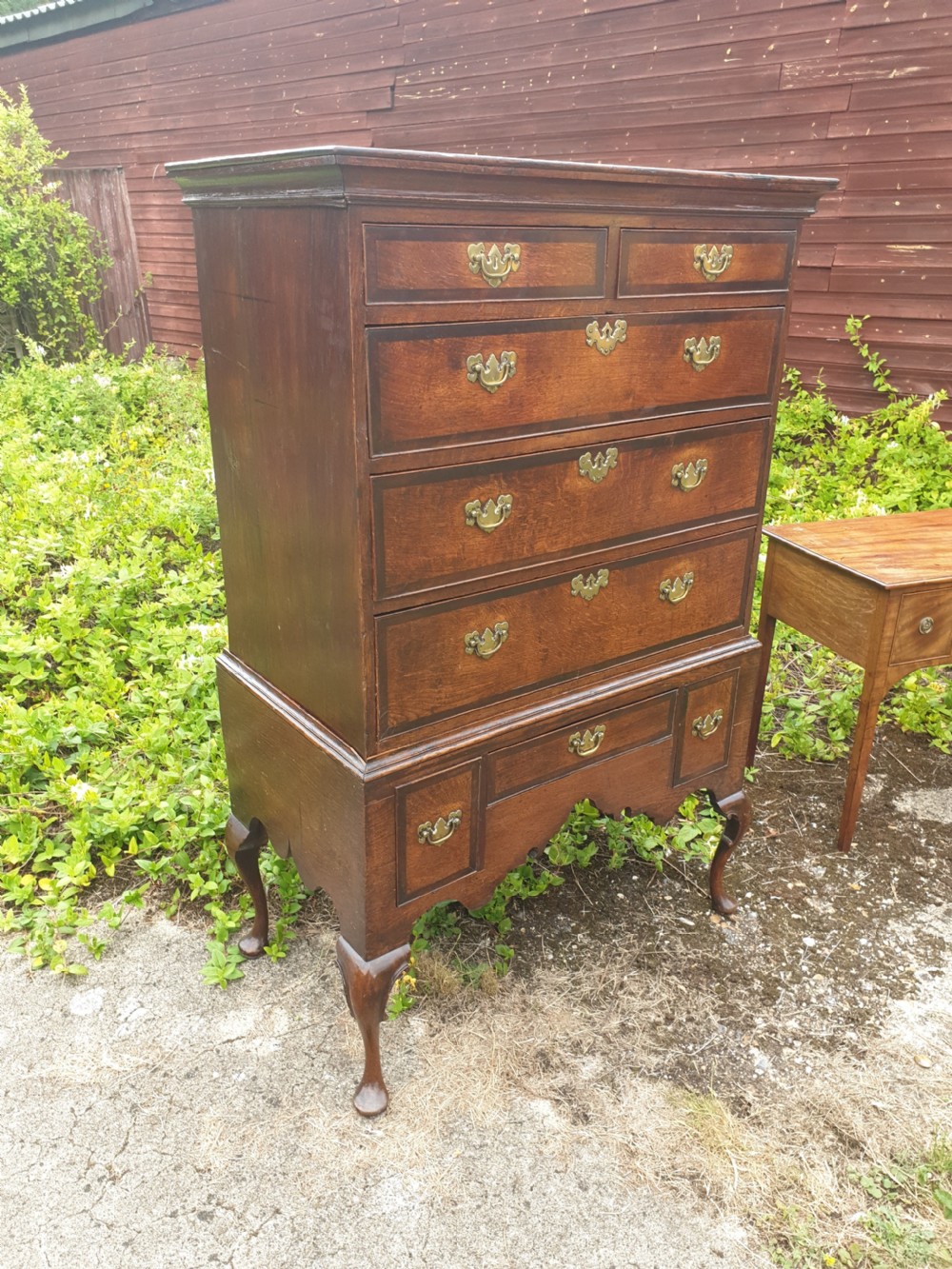 Early 18th century oak and banded chest on stand View II