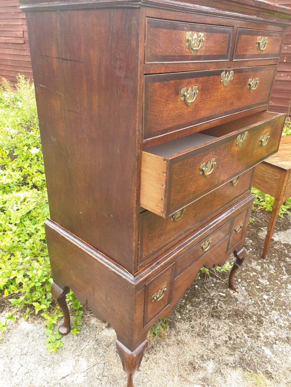 Early 18th century oak and banded chest on stand View III