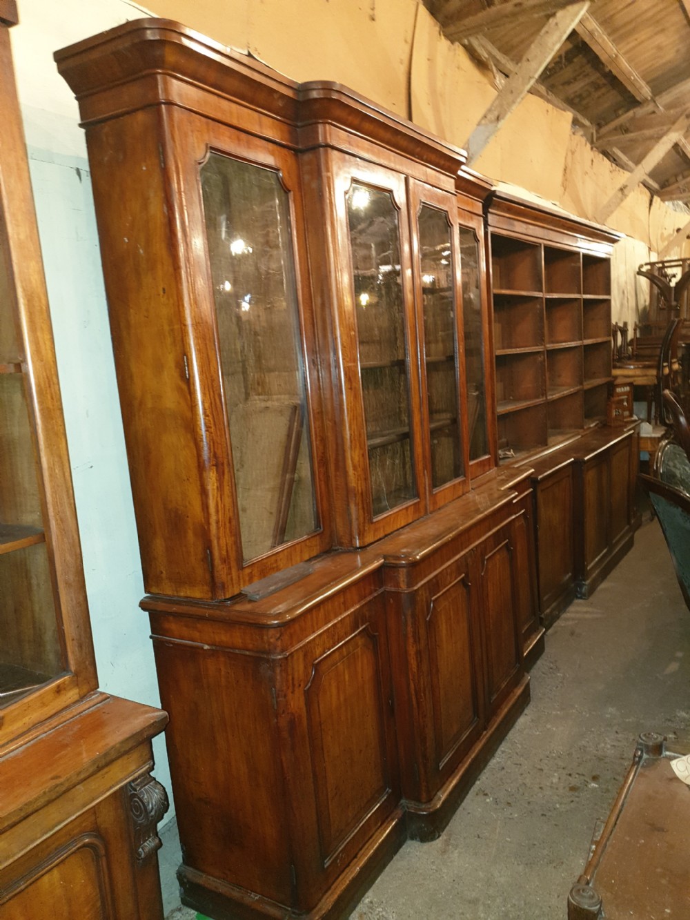 Victorian mahogany breakfront bookcase. View II