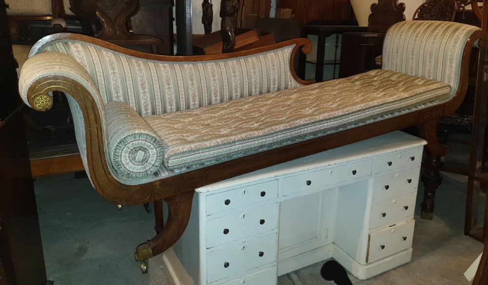 Large Regency brass inlaid rosewood chaise longue View V
