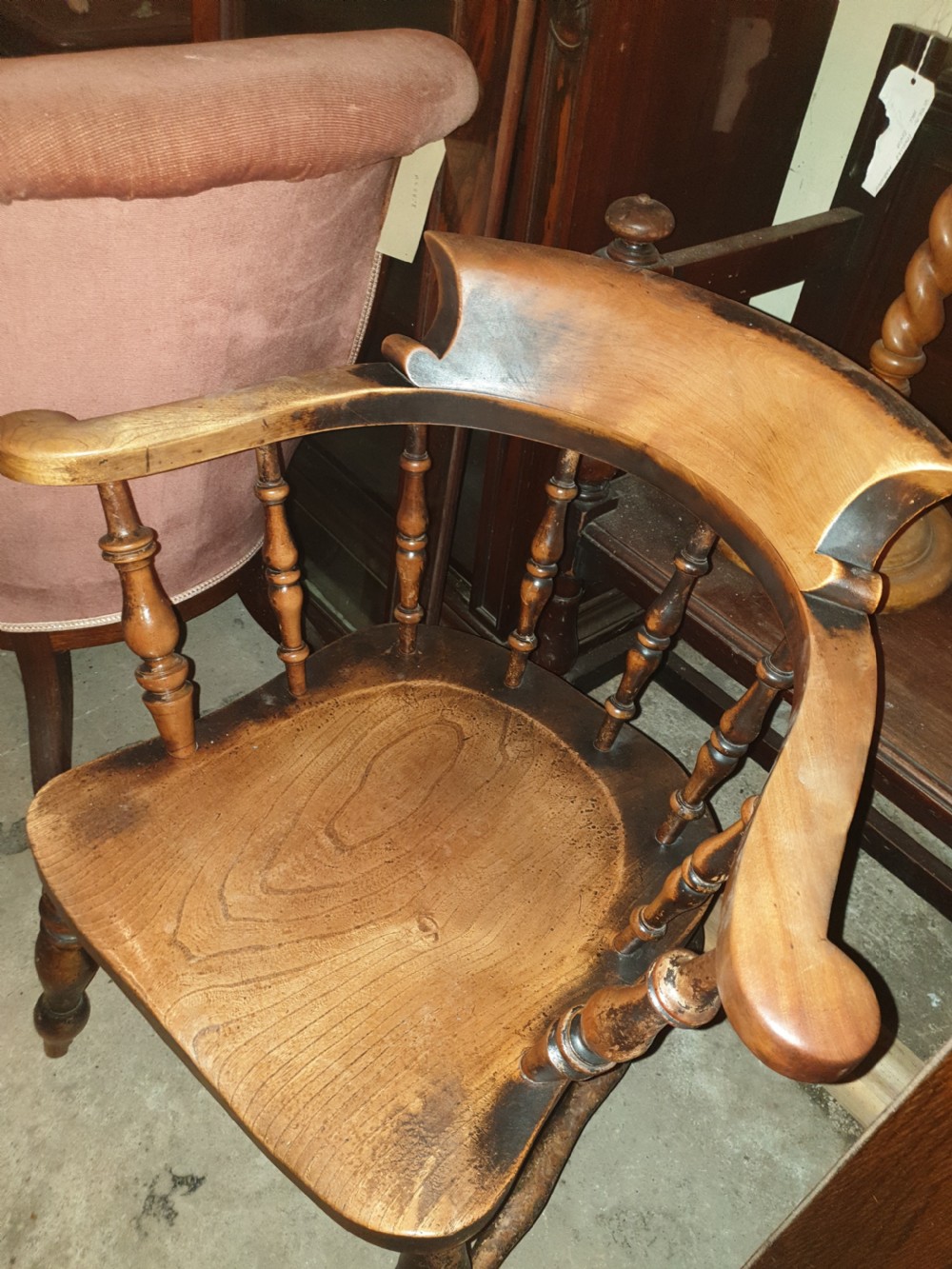 Good original smokers bow desk armchair.  View III
