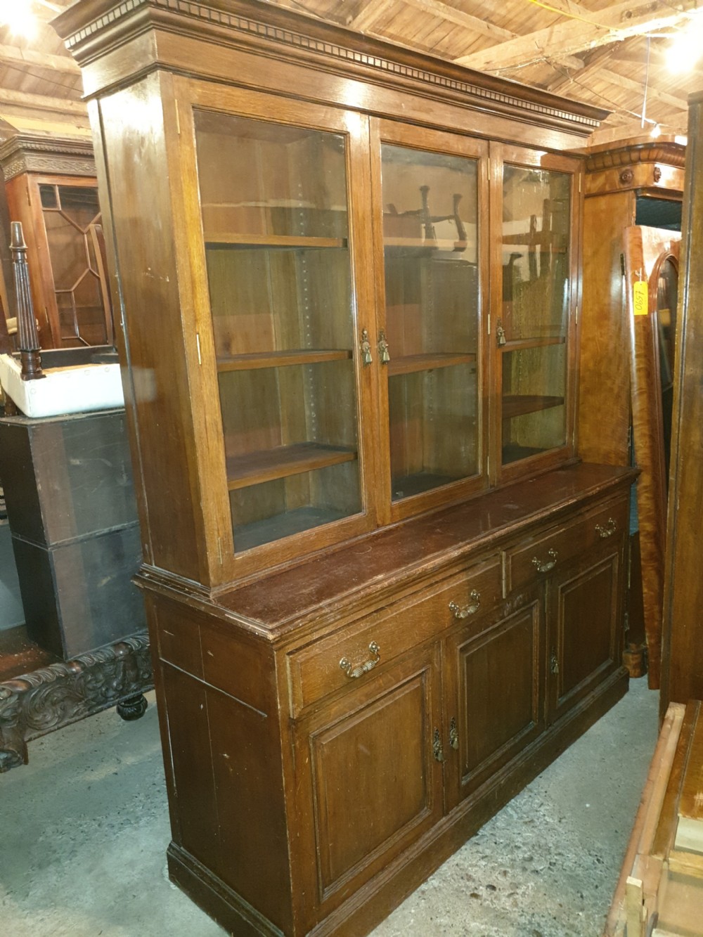 Late Victorian oak 2 part library bookcase  View II